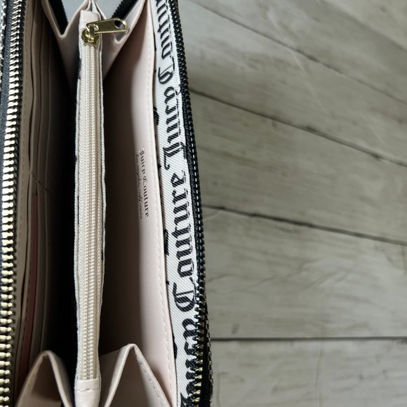 Juicy Couture Billboard Gothic Logo Stripe Black Beige Large Zip Around Wallet - Picture 3 of 4